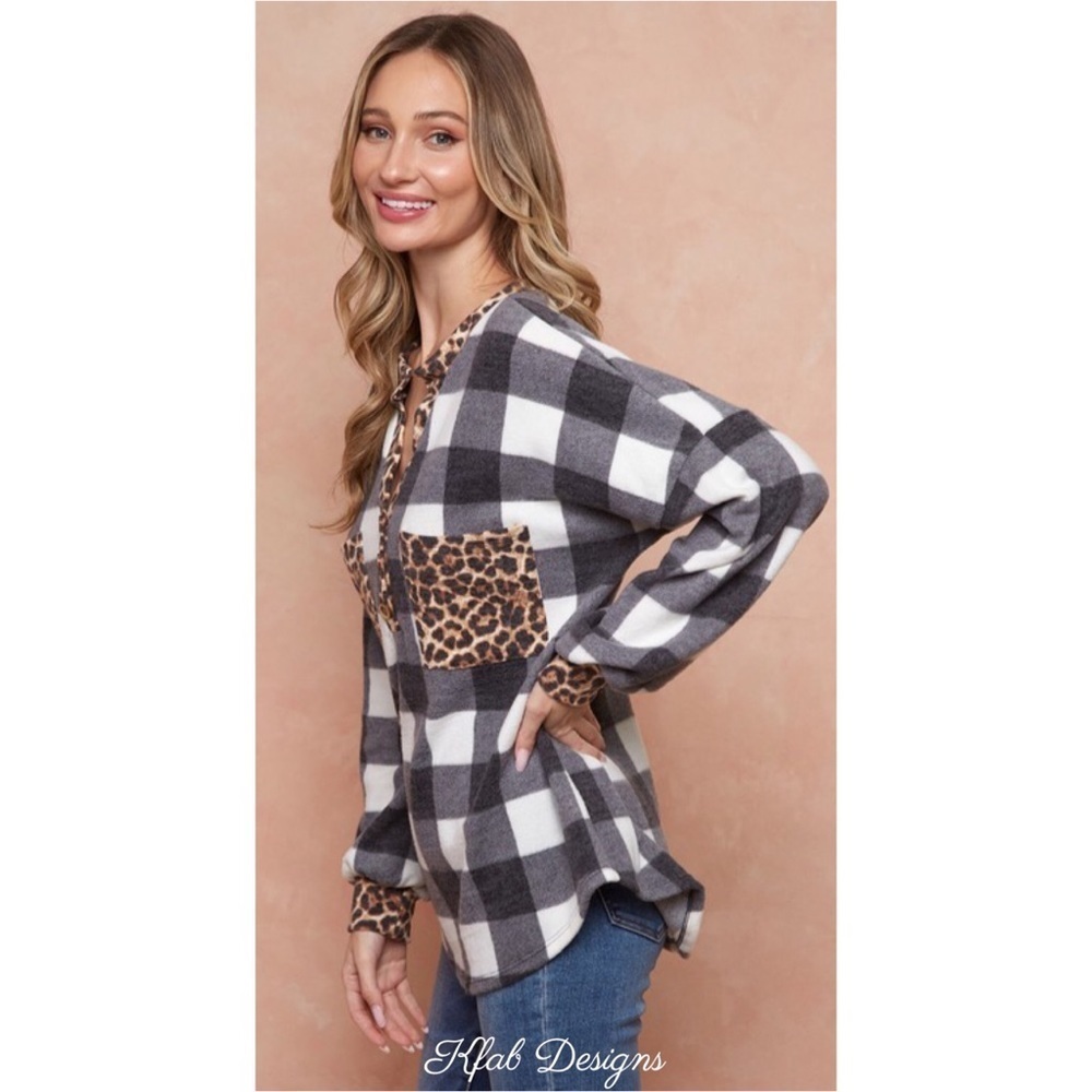 LAST 1! SO SOFT Plaid/ Leopard Contrast Henley with Pocket! - Picture 5 of 7